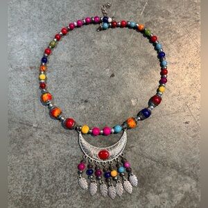 Colorful Ethnic Beaded Necklace with Silver Accents